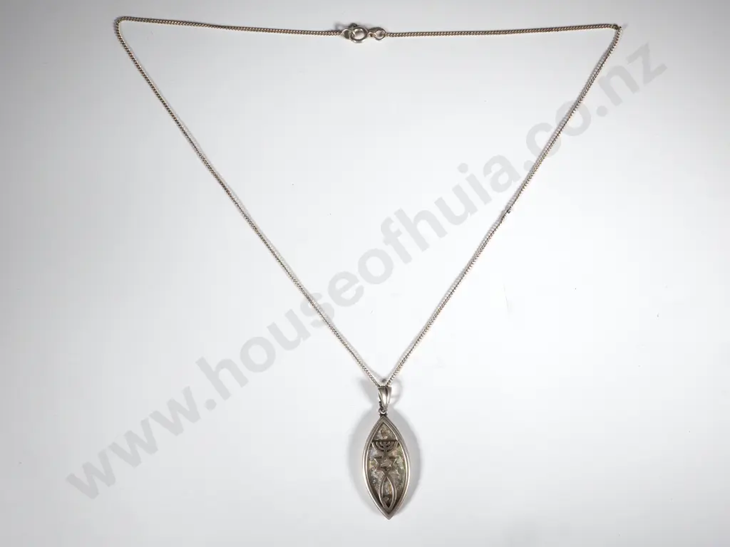 Sterling Silver Pendant in the Form Of  Menorah, Star of David & Fish on Chain Image 1++