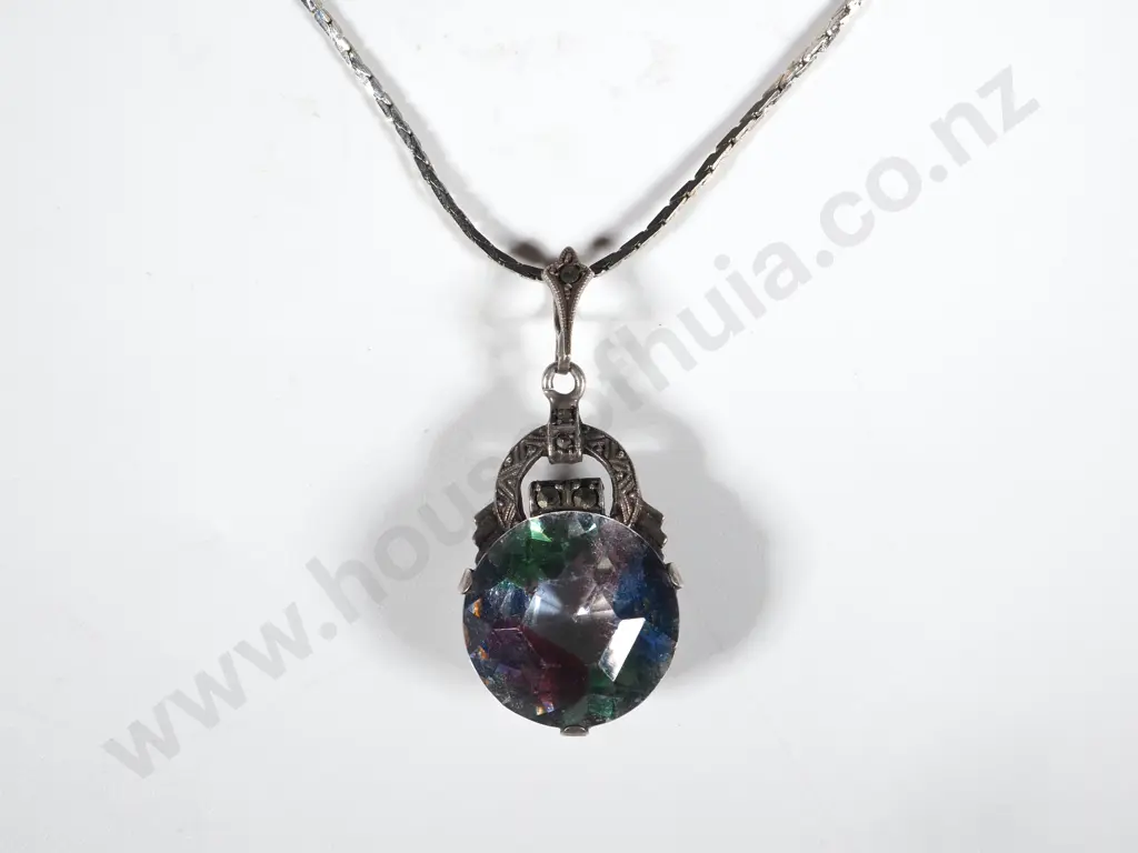 Vintage Multi Coloured Tourmaline Set in Sterling Silver & Marcasite Surround w Chain Image 1++