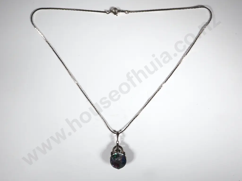 Vintage Multi Coloured Tourmaline Set in Sterling Silver & Marcasite Surround w Chain Image 1++