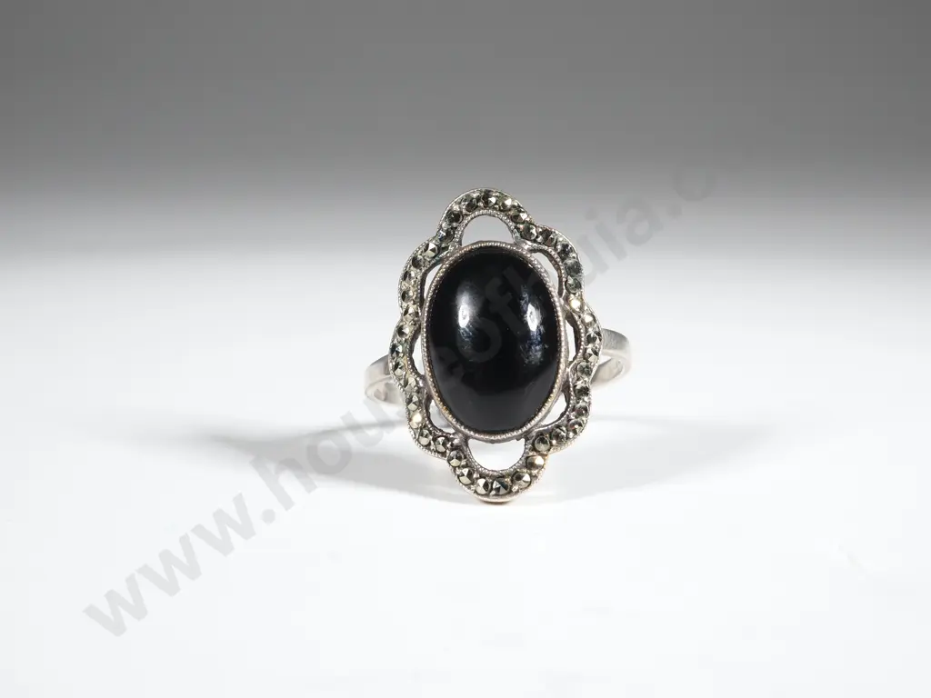 Sterling SIlver Onyx & Marcasite Ring Image 1++