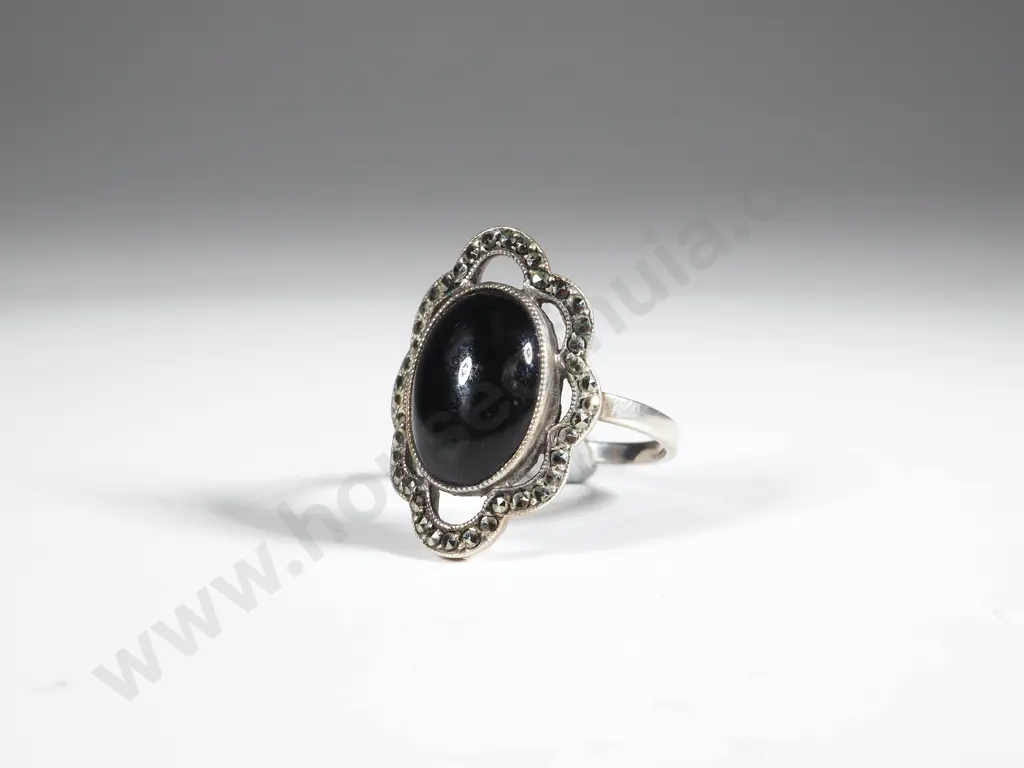 Sterling SIlver Onyx & Marcasite Ring Image 1++
