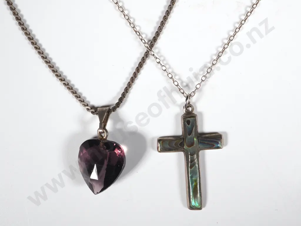 Sterling Silver Paua Shell Cross with Chain &  A Facetted Amethyst Heart Shaped Pendant On Chain Image 1++