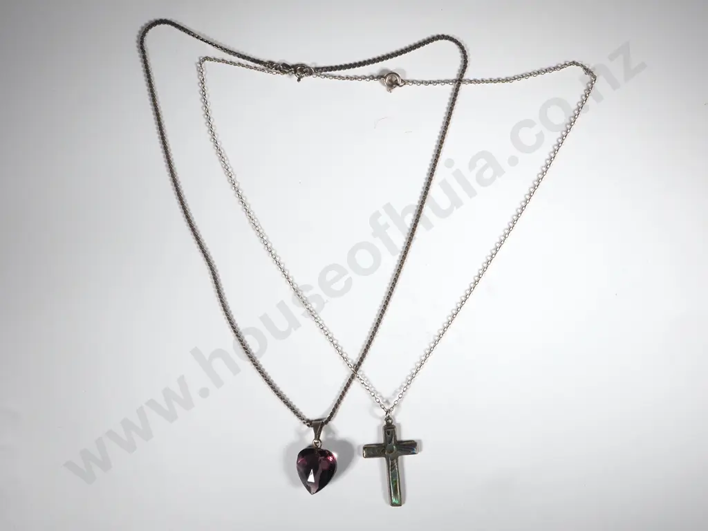 Sterling Silver Paua Shell Cross with Chain &  A Facetted Amethyst Heart Shaped Pendant On Chain Image 1++