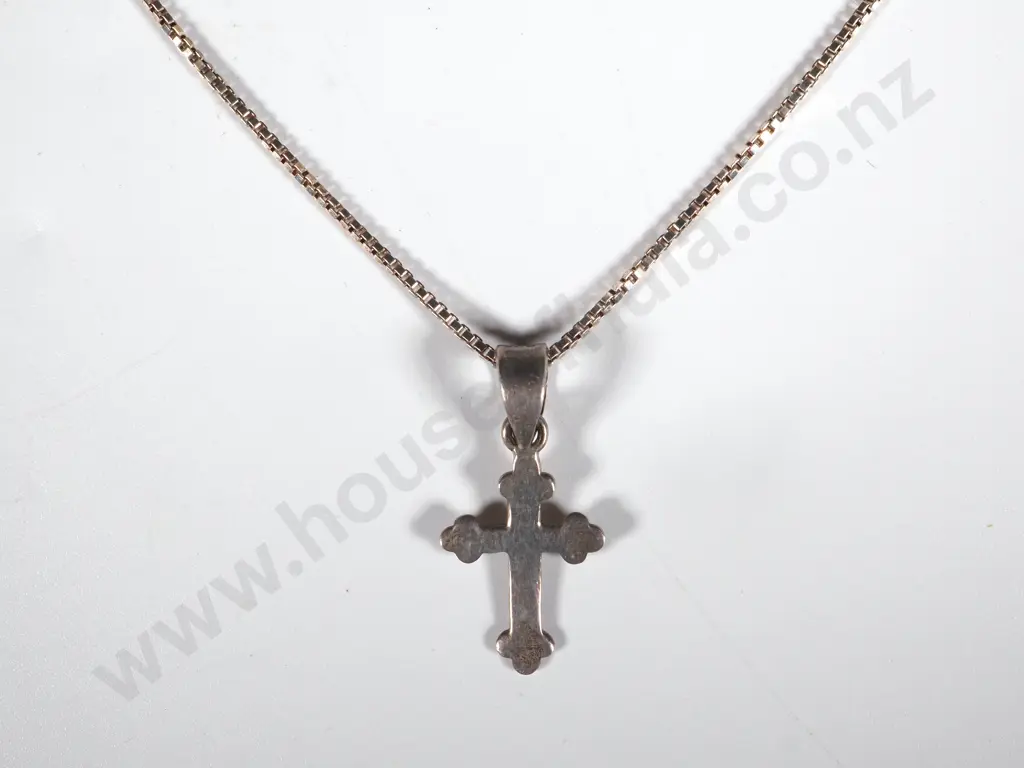 Sterling Silver Box Link Chain & Small Cross  Image 1++