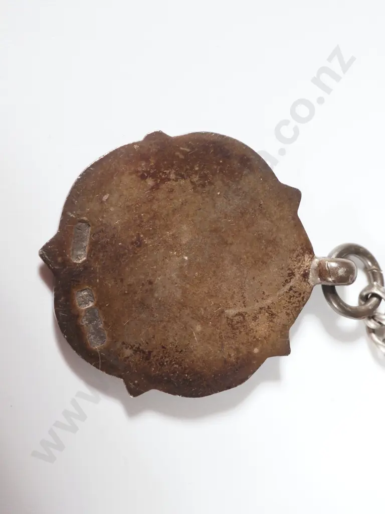 Sterling SilverWatch Chain with T Bar & Medallion . The Medallion Inset with a Gold Shield Shaped Cartouche Image 1++