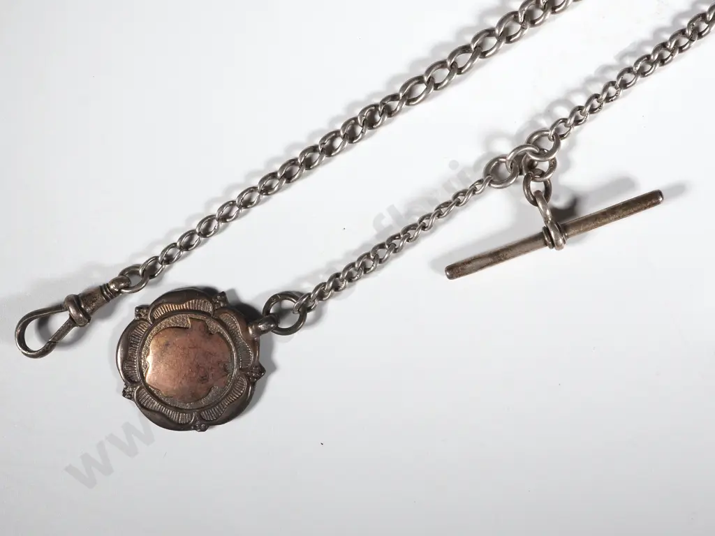 Sterling SilverWatch Chain with T Bar & Medallion . The Medallion Inset with a Gold Shield Shaped Cartouche Image 1++