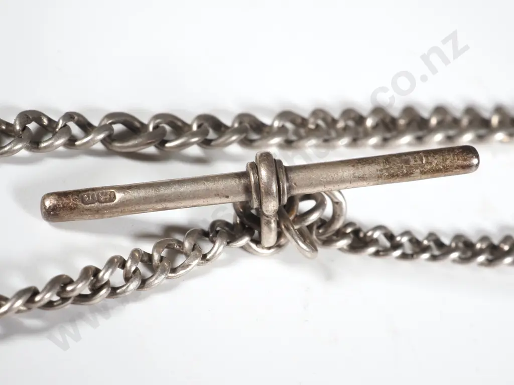Sterling SilverWatch Chain with T Bar & Medallion . The Medallion Inset with a Gold Shield Shaped Cartouche Image 1++