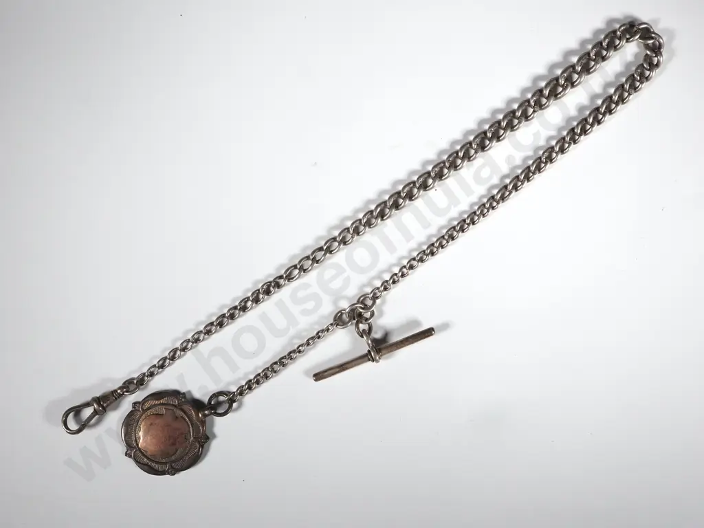 Sterling SilverWatch Chain with T Bar & Medallion . The Medallion Inset with a Gold Shield Shaped Cartouche Image 1++