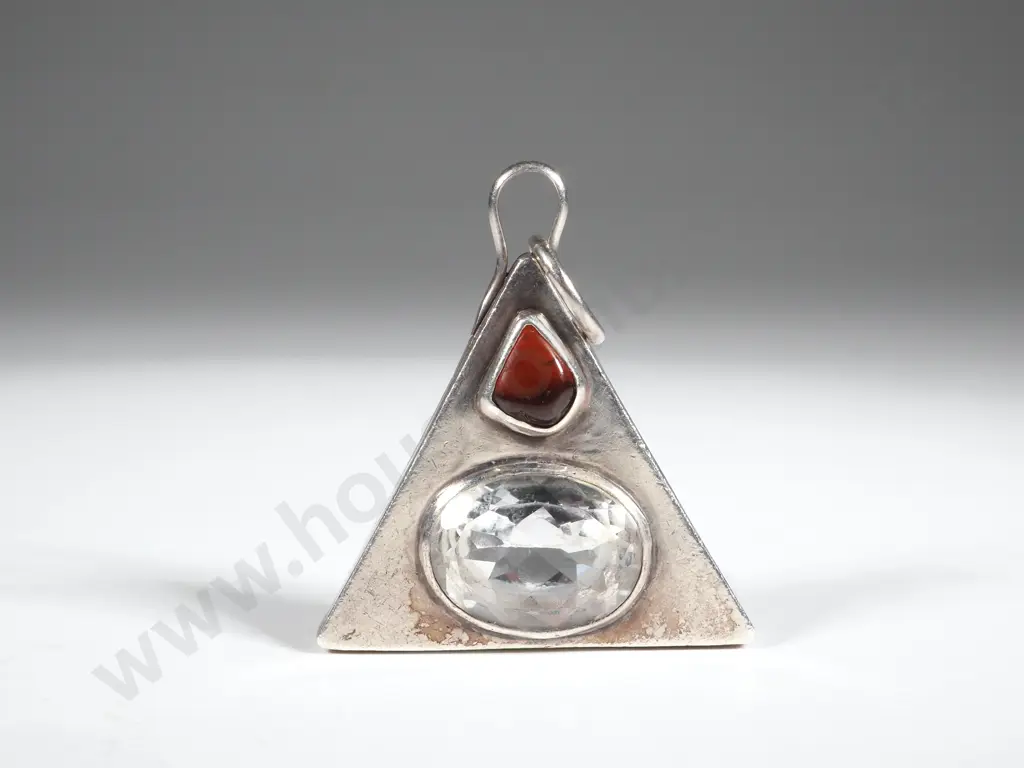 Silver Triangular Pendant Inset With White & Amethyst Coloured Stone  Image 1++