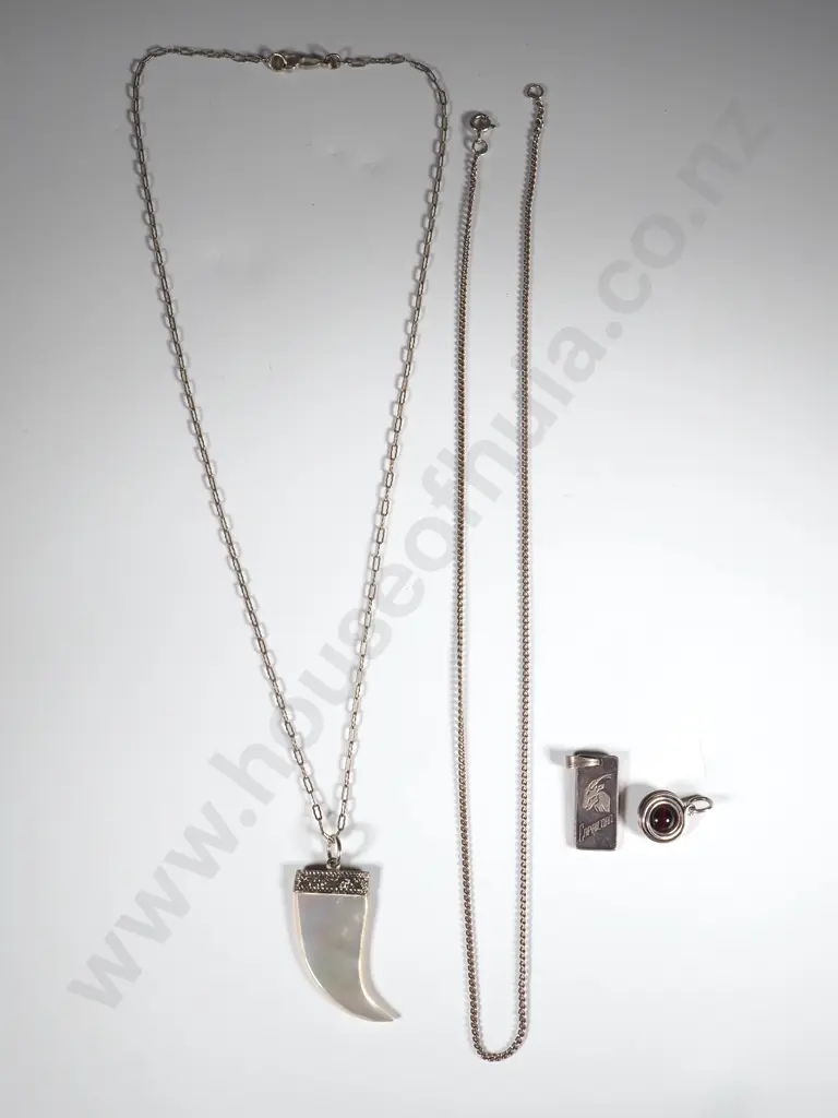 Sterling Silver Chain With Mother Of Pearl Tooth Shaped Pendant, Sterling Silver 2.5gm Ingot w Chain Image 1++