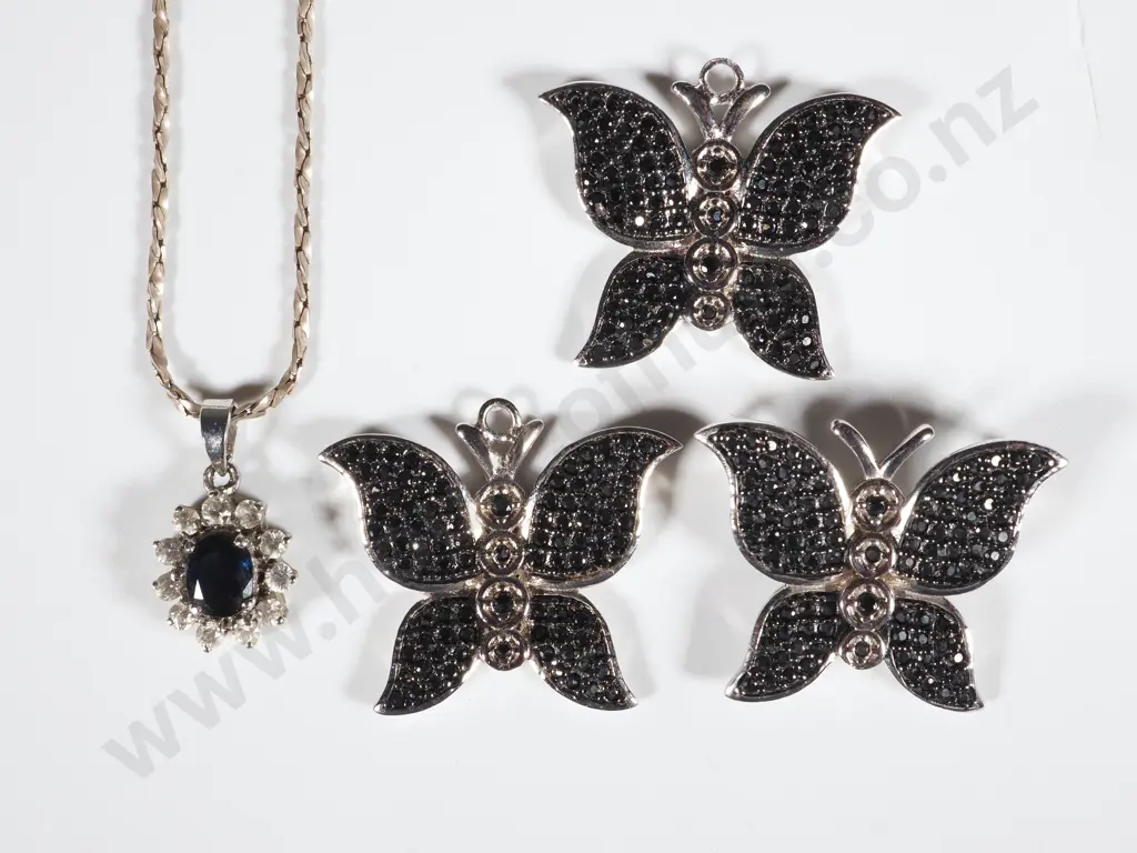 Three Black & White Stone Butterfly Sterling Silver Butterfly Pendant & a Blue & White Pendant On a Chain  Image 1++