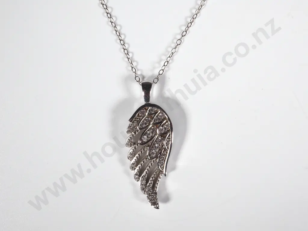 Sterling Silver Pendant in the Form of an Angel's Wing Inset with Stones & On a Silver Chain Image 1++