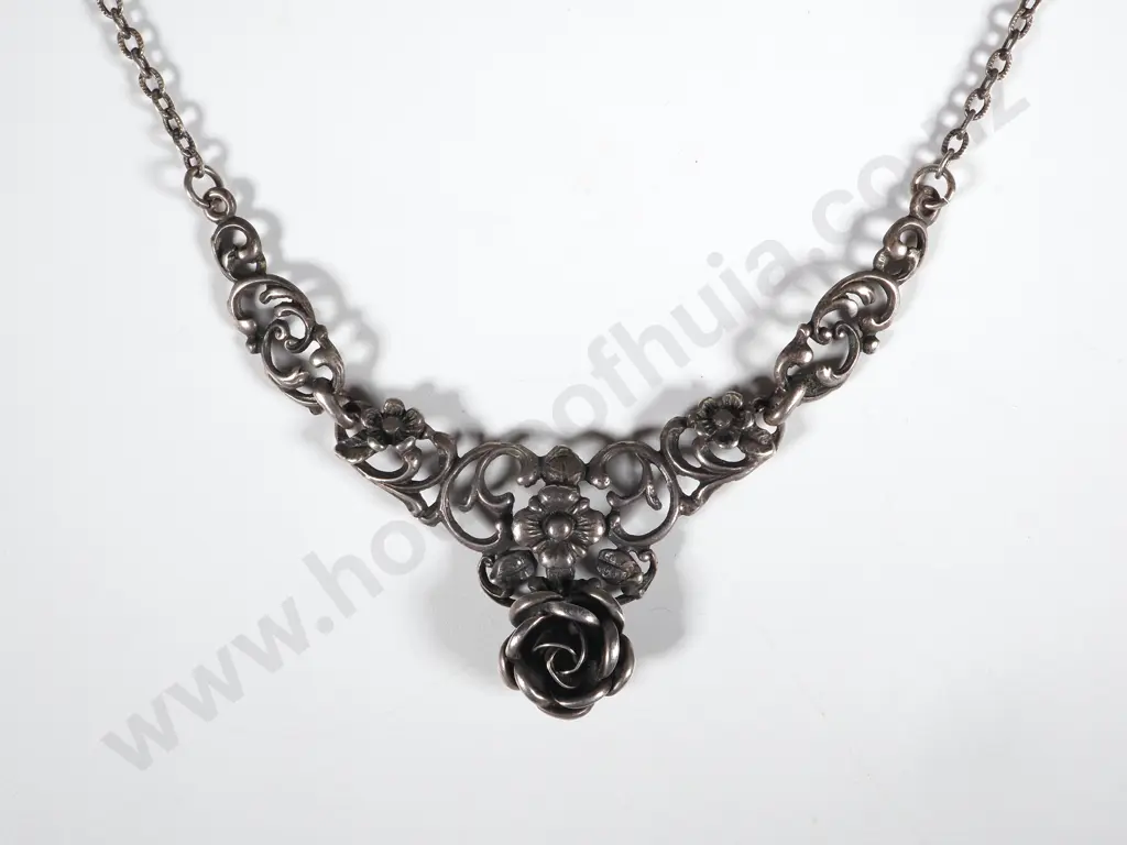Sterling Silver Choker/ Pendant with a Central Rose Motif  Image 1++