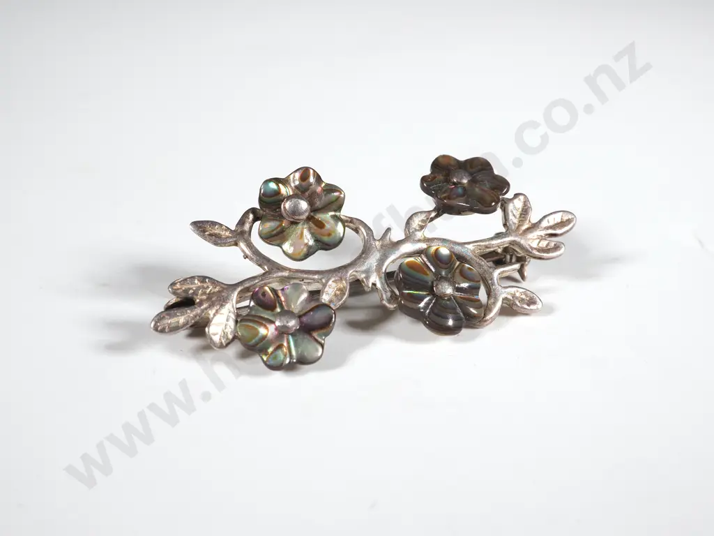 Vintage Paua Shell Brooch in The Form Of a Branch With Flowers Image 1++