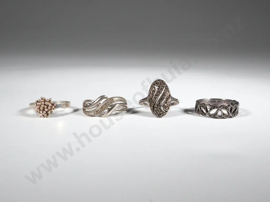 Four Sterling Silver Rings. Two Marcasite  Image 1++