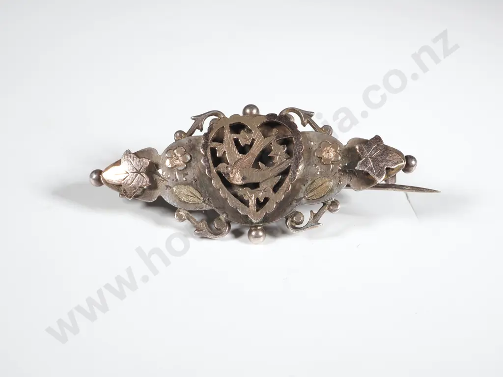 Victorian Ornate Sterling Silver & 9ct Gold Brooch Image 1++