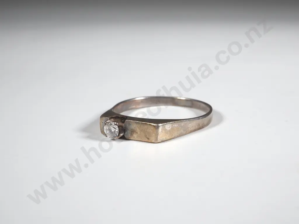 Modernist Sterling Silver & Offset White Stone Ring Image 1++