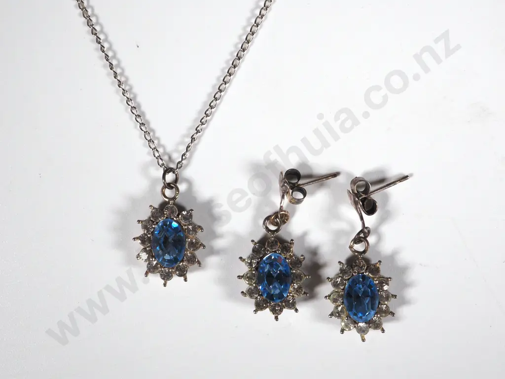 Modern Sterling Silver & Blue Gem Set Pendant & Earrings Set Image 1++