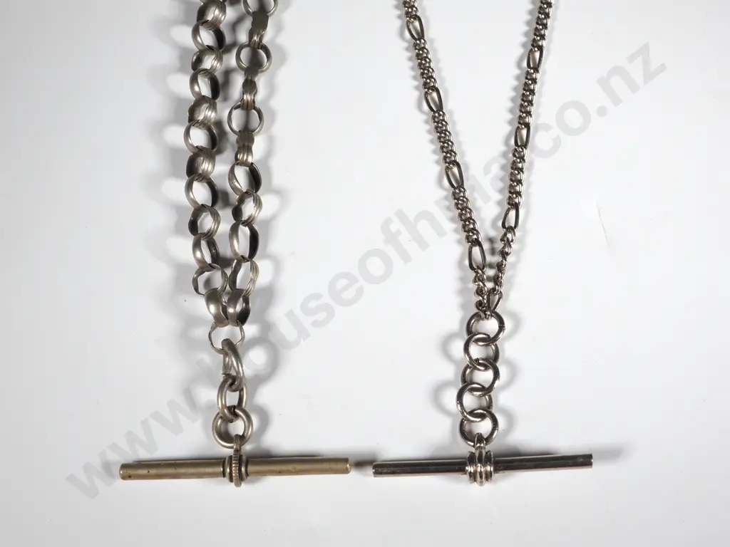 Two Silver Plate Fob Chains. One Vintage & The Other Figaro Link. Both With T Bar Image 1++
