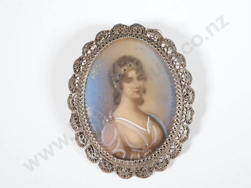 Oval Portrait Miniature  Brooch/ Pendant w Marcasite Rim  . Image 1++