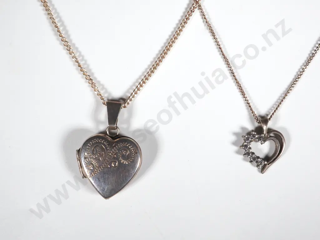 Sterling Silver Heart Shaped Locket On Chain & A Sterling Silver Heart Shaped Pendant w White Stones On Chain Image 1++