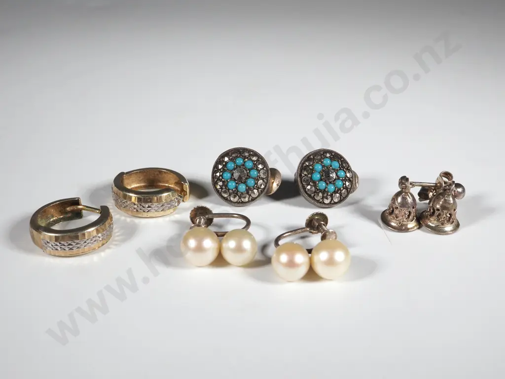Pair of Silver Gilt Hoop Earrings, Turquoise & Seed Pearl Clip On Earrings, Screw On Pearl Earrings & Bell Drop Earrings Image 1++