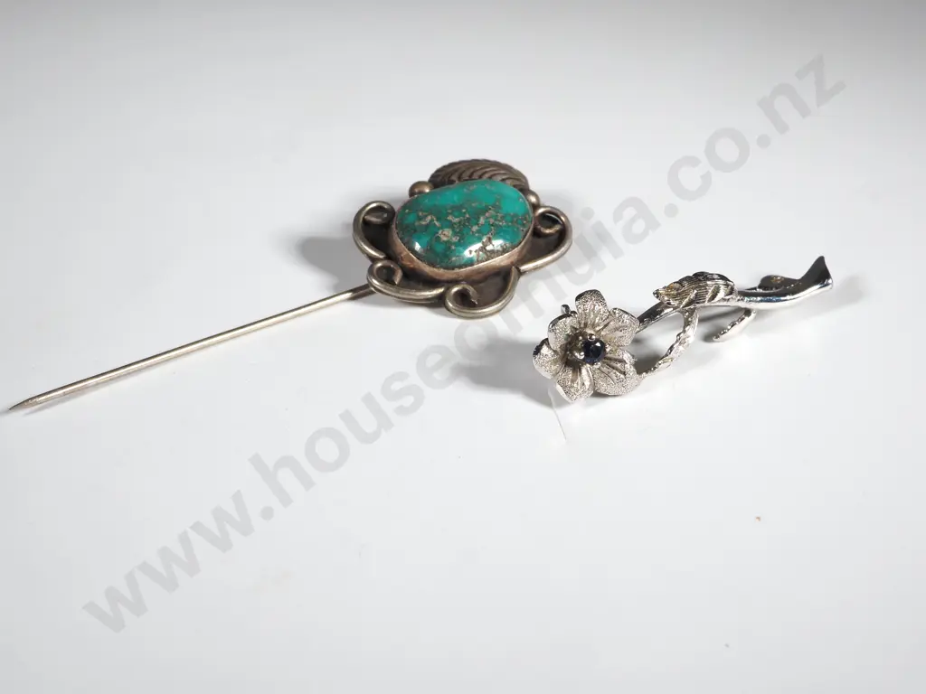 Sterling Silver Navajo Turquoise Stick Pin & A Silver Brooch With Blue Stone In The Form Of A Flower Image 1++