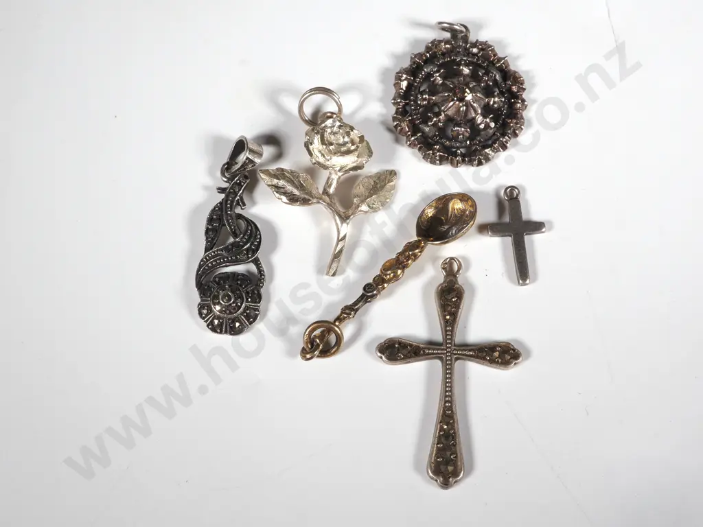 Six Small Sterling Silver Pendants- Two Crosses, Rose, Two Marcasite  & a Miniature Coronation Spoon  Image 1++