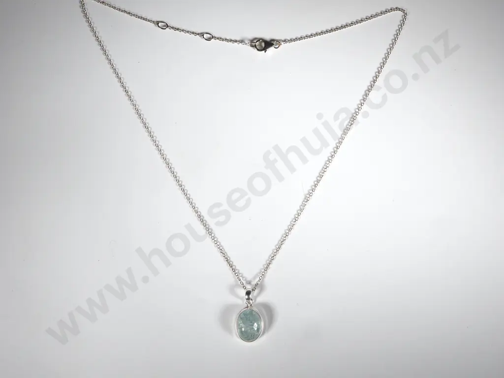 Sterling Silver Oval Aquamarine Pendant On A Silver Chain  Image 1++