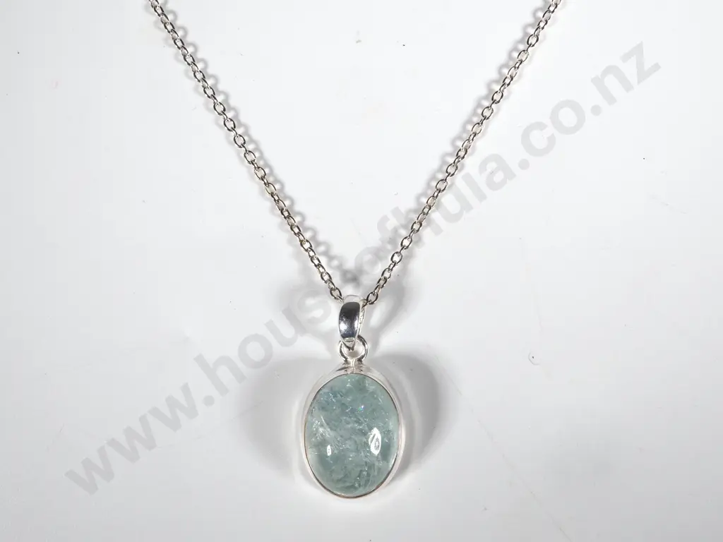 Sterling Silver Oval Aquamarine Pendant On A Silver Chain  Image 1++