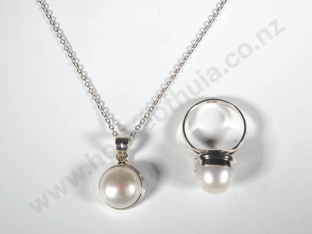 Sterling Silver & Pearl Pendant & Matching Ring Image 1++