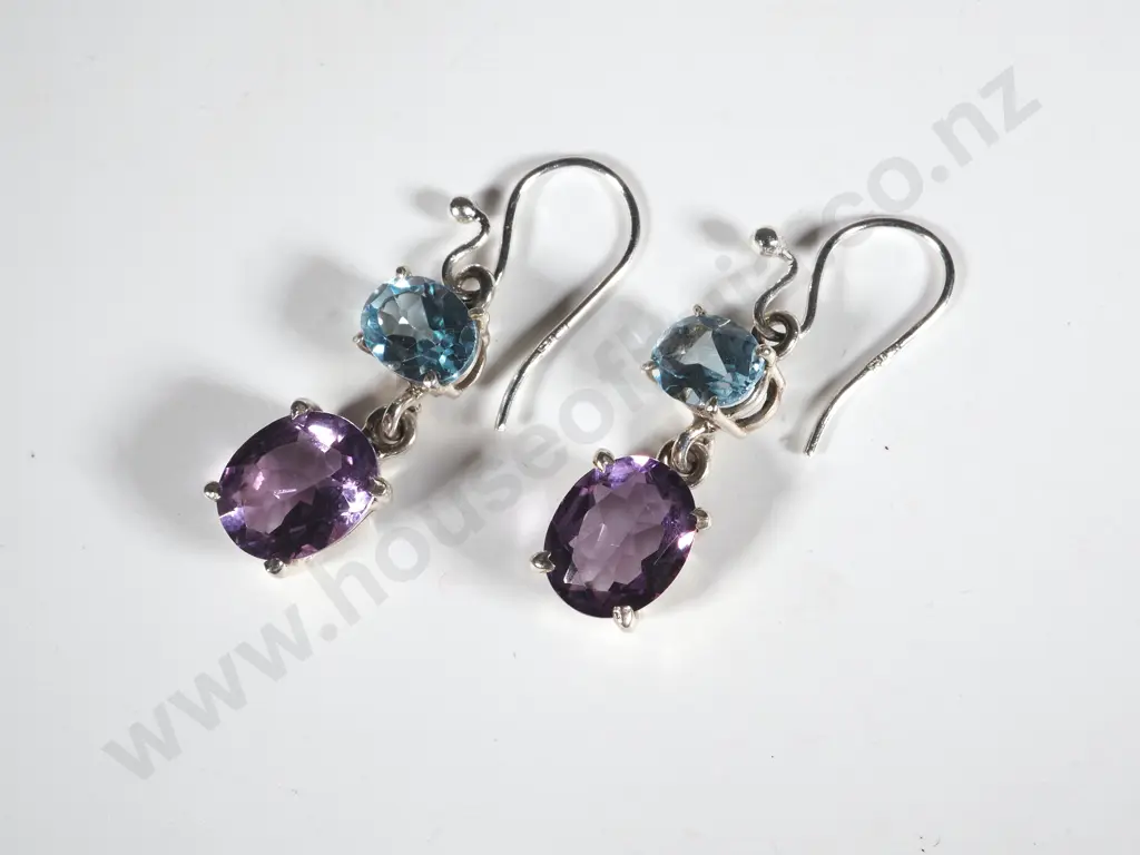 Pair Of Amethyst & Sterling Silver Drop Earrings Image 1++