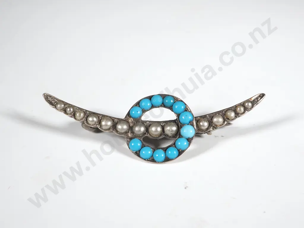 Sterling SIlver Turquoise & Seed Pearl Brooch Image 1++
