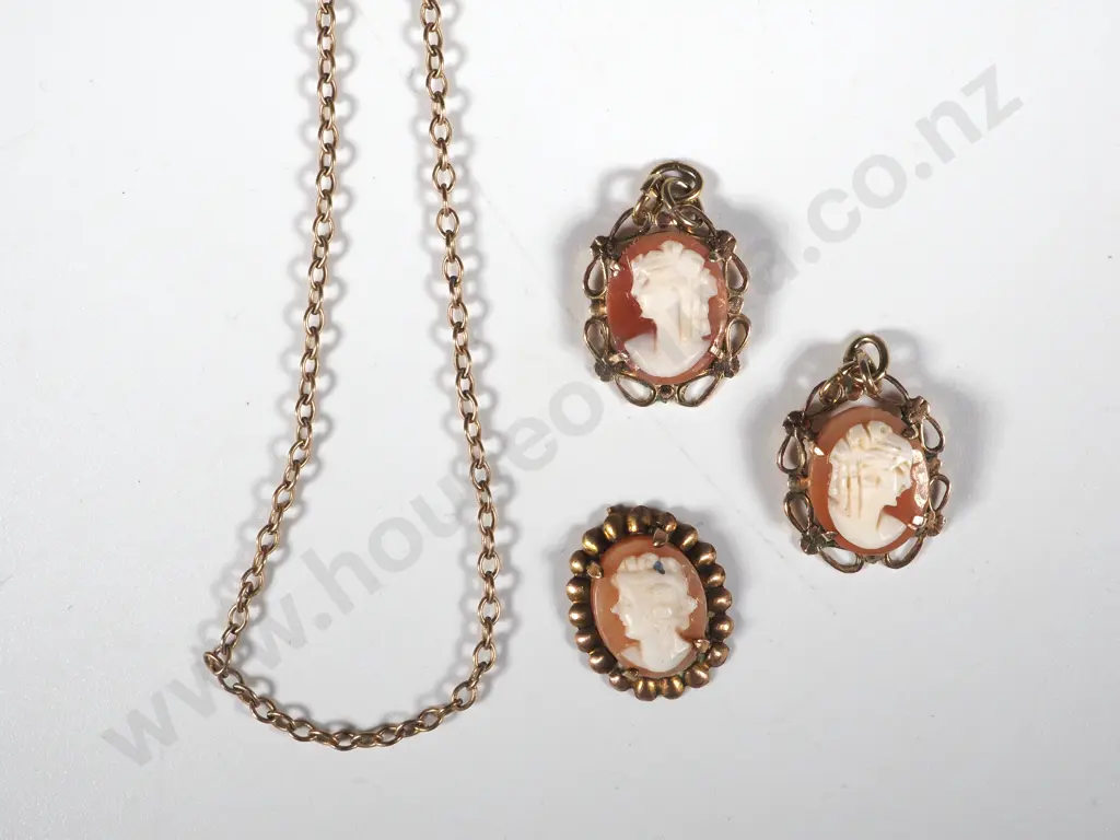 Three Gold Lined Cameos & RG Chain Image 1++