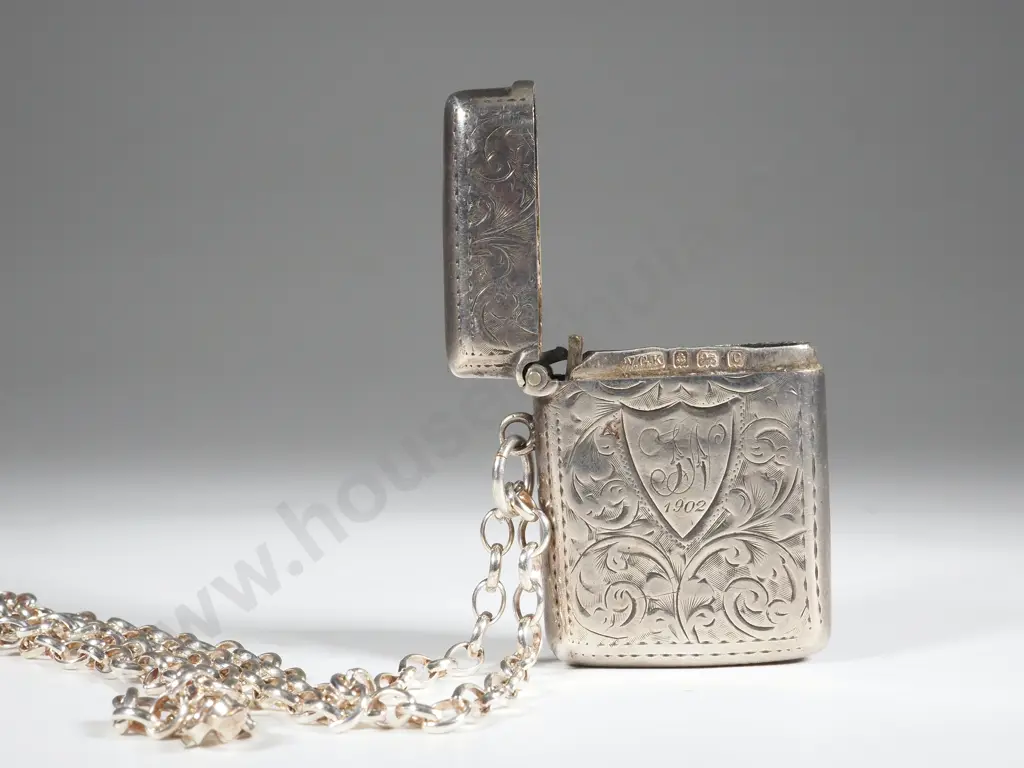 Sterling Silver Vesta Case 1902 on Stelring SIlver Chain Image 1++