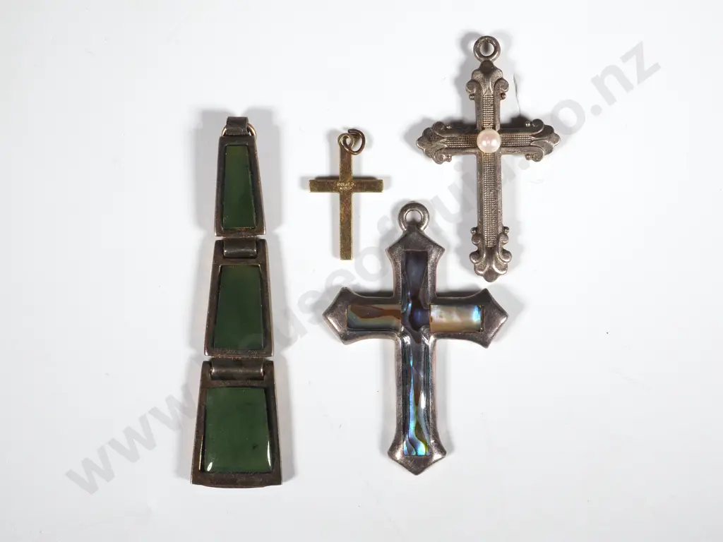 Three Crosses Including a Silver & Paua Shell Cross & An Art Deco Style Greenstone Gold Tone Pendant Image 1++