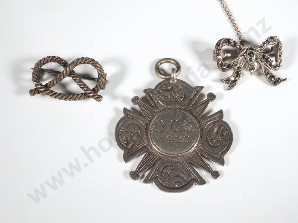 Sterling Silver Fob, Marcasite Bow Brooch & Victorian Staffordshire Knot Brooch  Image 1++