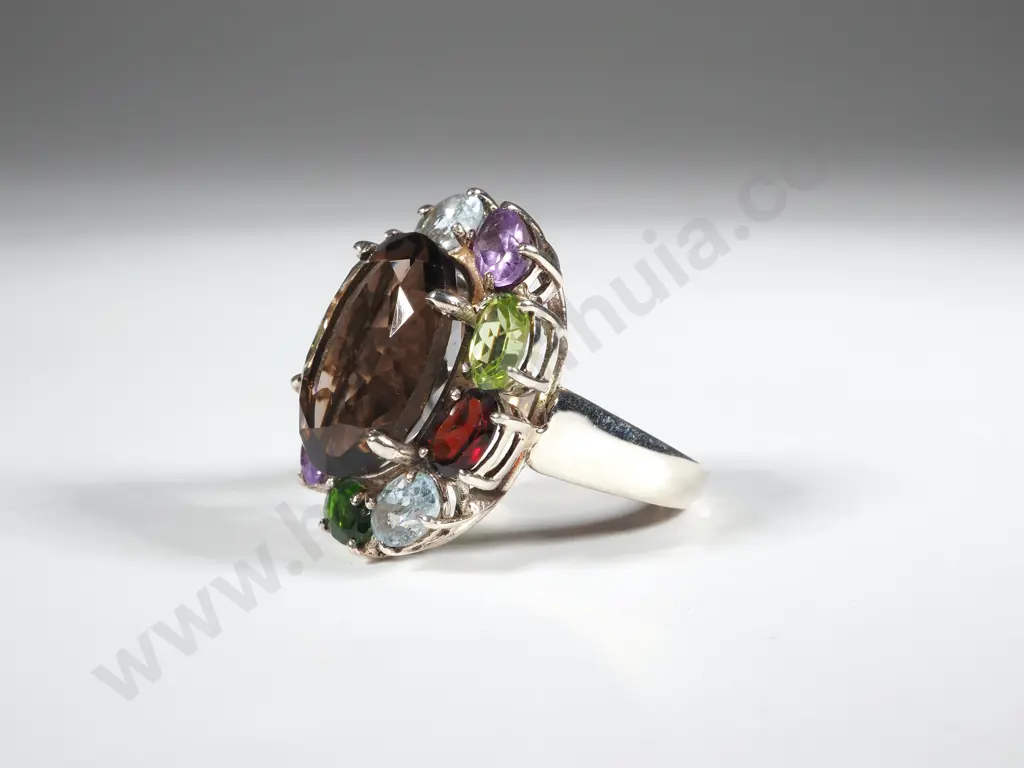 Sterling Silver Smokey Quartz Ring Surrounded By Multi-Stone Gems Image 1++