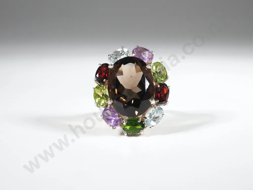 Sterling Silver Smokey Quartz Ring Surrounded By Multi-Stone Gems Image 1++