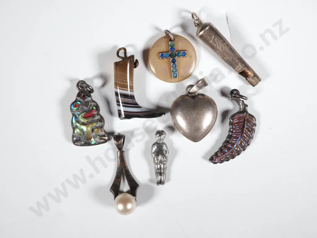 Seven Charms- Paua Tiki & Fern, Sterling Whistle , Agate Etc.                       Boot,  Image 1++