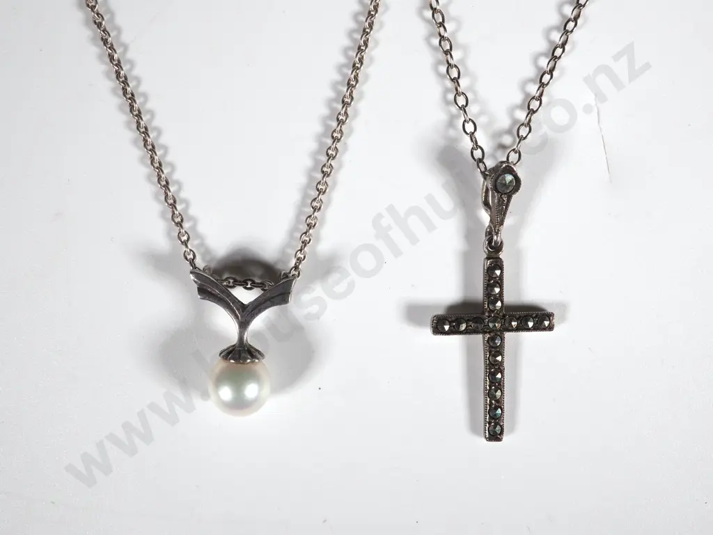 Sterling Silver Marcasite Cross Together With A Pearl. Both on Chains Image 1++