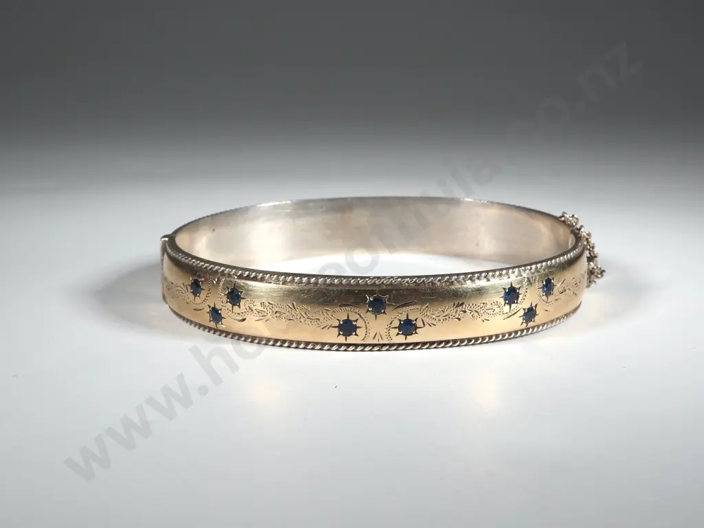 Sterling Silver Gilt Lined Bangle w Safety Chain & Set w Blue Stones Image 1++
