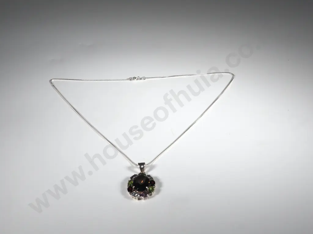 Sterling Silver , Smokey Quartz & Multi Gemstone Pendant  Image 1++