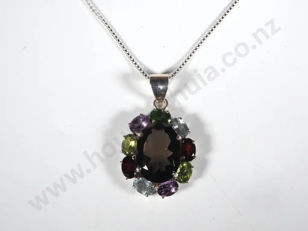 Sterling Silver , Smokey Quartz & Multi Gemstone Pendant  Image 1++