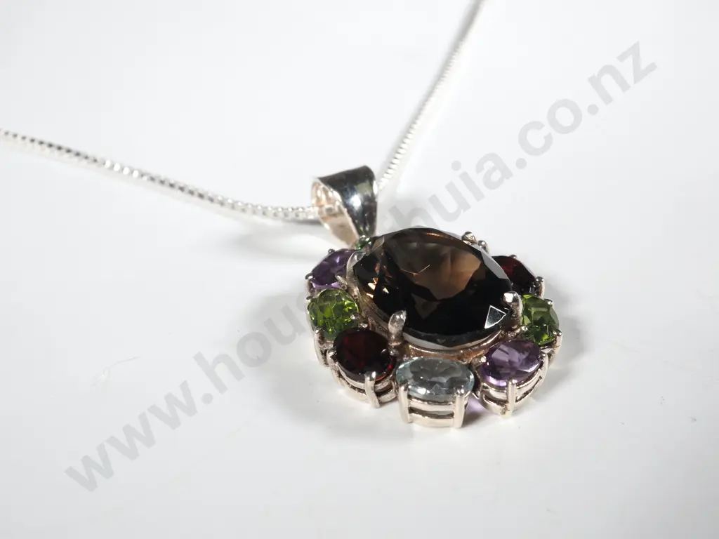 Sterling Silver , Smokey Quartz & Multi Gemstone Pendant  Image 1++
