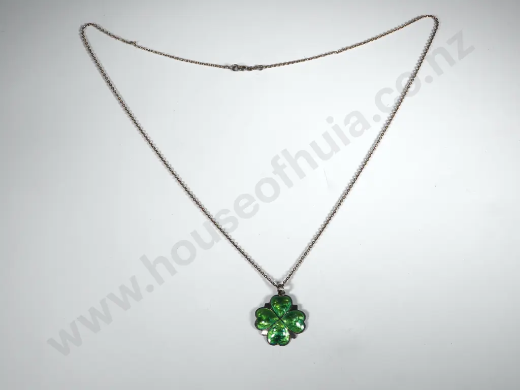 Antique James Fenton Enamel Sterling Silver Lucky Clover Charm Pendant 925 Chain Necklace 1909 Art Nouveau Image 1++