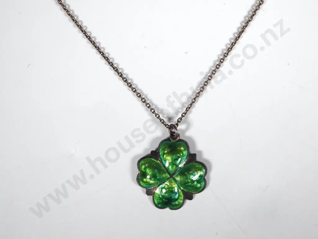 Antique James Fenton Enamel Sterling Silver Lucky Clover Charm Pendant 925 Chain Necklace 1909 Art Nouveau Image 1++