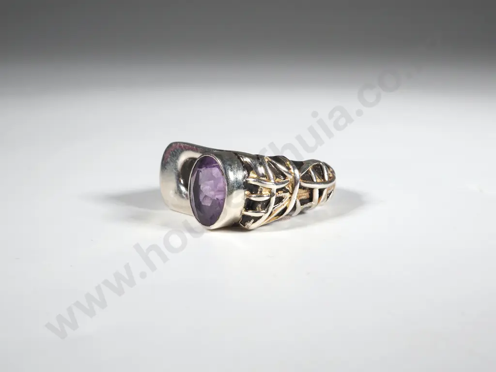 Modernist Sterling Silver & Amethyst Ring Image 1++
