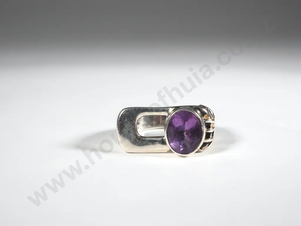 Modernist Sterling Silver & Amethyst Ring Image 1++