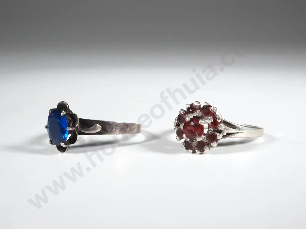 Two Sterling Silver Rings w Blue & Red Gems Image 1++